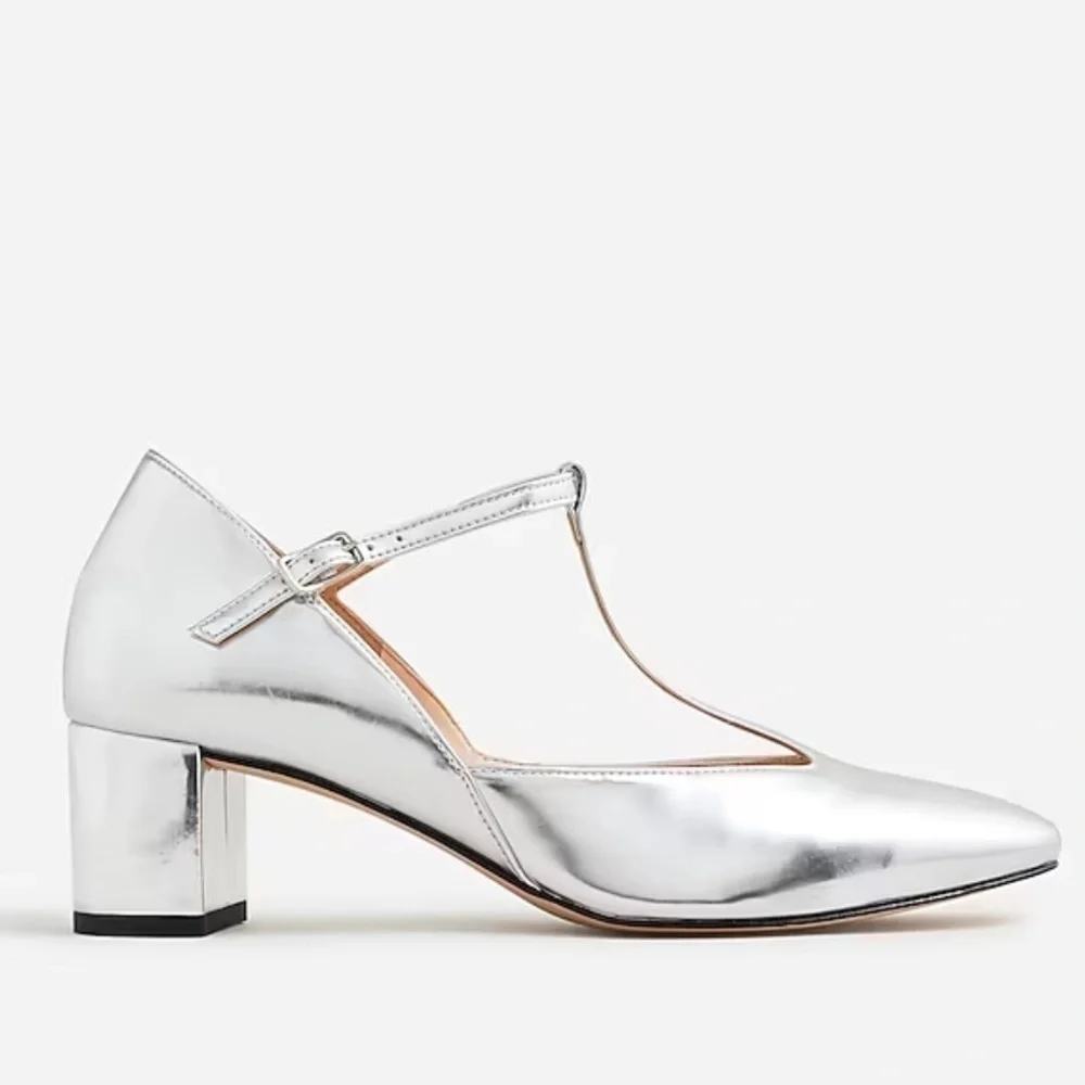 J crew silver mirror Millie T-strap heels in metallic leather